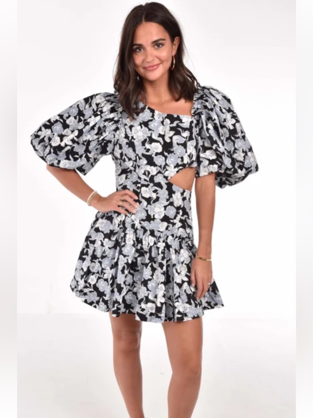 Sofie The Label Blue Floral Dress Puff Sleeve Side Cut Out The Sofie Dress Sz M